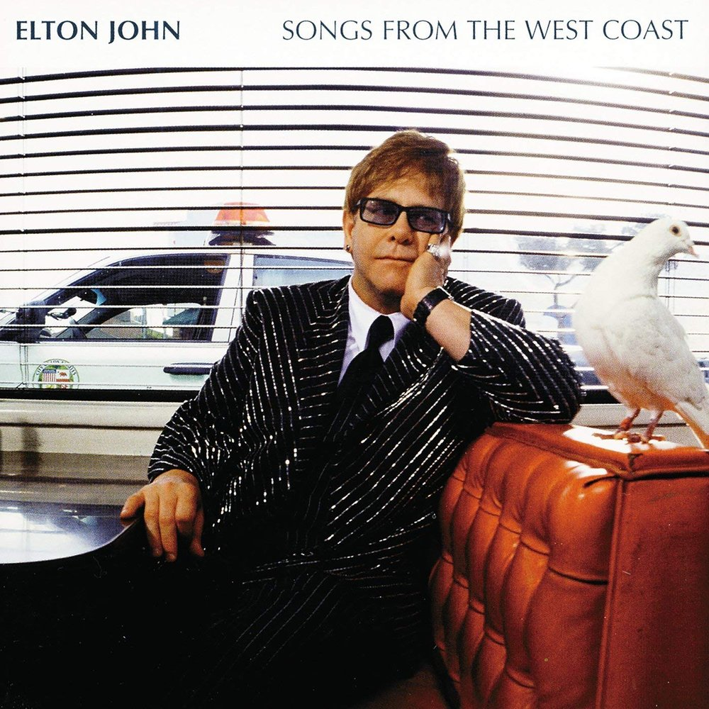 Cover art for Elton John's 'Songs from the West Coast' album, showcasing the iconic artist with a warm, vintage backdrop.
