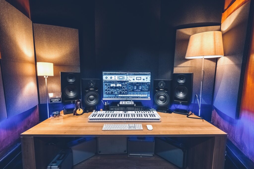 This cozy, acoustically treated space is perfect for post-production, focused recording, and mixing sessions. Designed to be both intimate and versatile, the Production Room supports creative work in a comfortable, distraction-free setting.